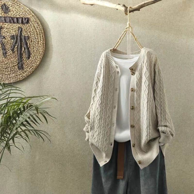 Women's Sweater Cardigan 2024 Spring and Autumn New Mid-Length Vintage Literary Round Neck Japanese Casual Knit Long-Sleeve Jacket Women's Sweater Cardigan 2024 Spring and Autumn New Mid-Length Vintage Literary Round Neck Japanese Casual Knit Long-Sleeve Jacket