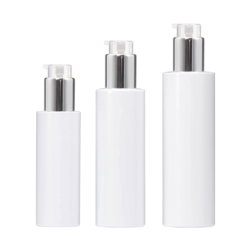 Envase cosmético de 100 ml, botella de plástico PET blanca con hombros planos, botella de presión de mercurio con cierre, botella de loción de presión de mercurio para el cuidado de la piel
