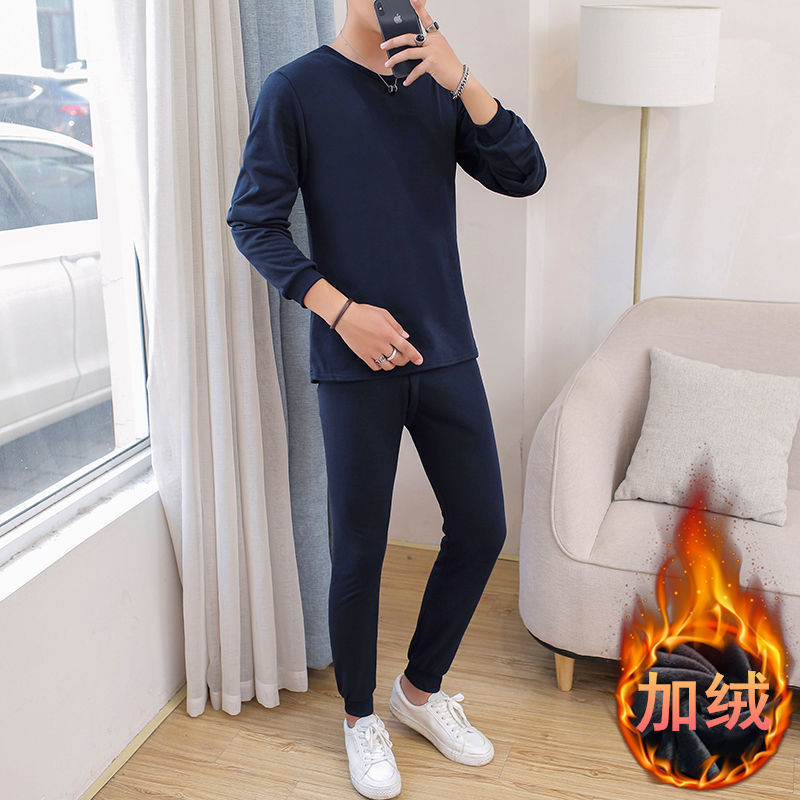 Men's fleece-lined Thermal Underwear suit Youth Autumn Clothes and Pants Casual Thickened Solid Color Autumn and Winter Round Neck Base