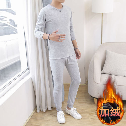 Men's Fleece Warm Thermal Set for Youth Autumn Top and Bottom Casual Thick Plain Color Autumn/Winter Round Neck Base Layer