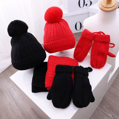 Small linen pattern children's knitted hat, scarf and gloves three-piece set plush warm children's hat woolen hat MZ9983