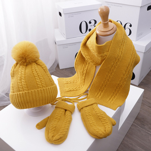Small linen pattern children's knitted hat, scarf and gloves three-piece set plush warm children's hat woolen hat MZ9983