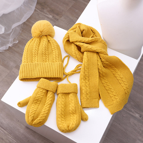 Small linen pattern children's knitted hat, scarf and gloves three-piece set plush warm children's hat woolen hat MZ9983