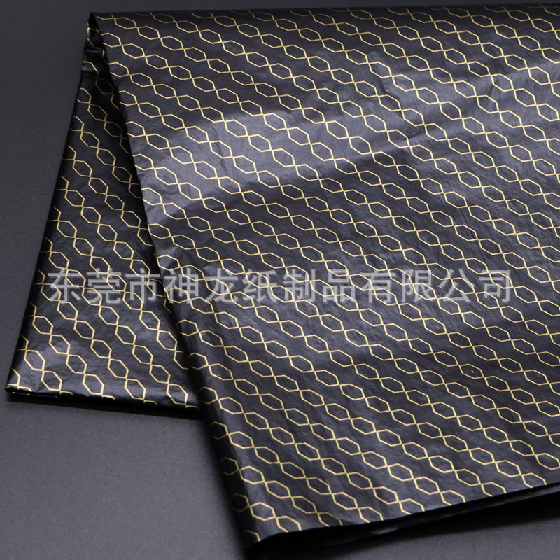 Papel de copia negro Logotipo de oro impresión ropa zapatos embalaje de regalo papel de seda 17g Personalización de papel de pera