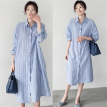 春秋新款条纹衬衫女韩版宽松中长款过膝长袖连衣裙百搭休闲薄外套