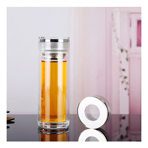 Double-layer glass cup for men and women, household, office, portable with lid, transparent, insulated, bubble tea cup, printed with logo