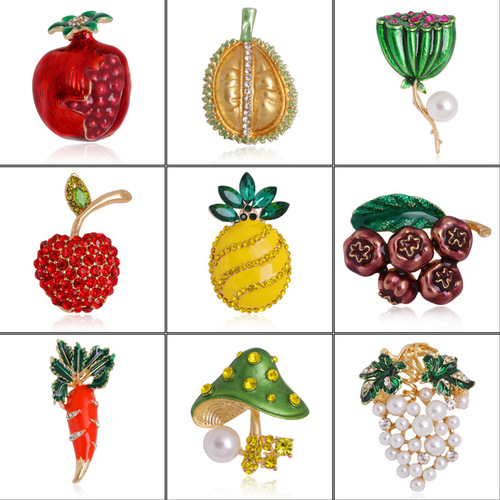 Alloy Pearl Fruit Brooch Grape Cherry Rhinestone Drops Brooch Pineapple Durian Lotus Brooch Factory Direct Sales