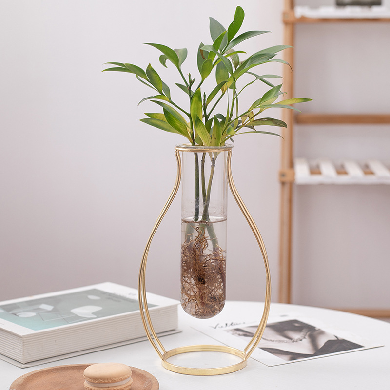 Jarrón de cristal estilo INS, soporte de flores de cristal con arte en hierro dorado para sala de estar, cafetería, mesa de centro, flores secas, flores hidropónicas, plantas verdes.