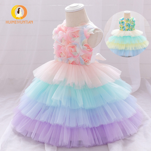 2024 New European and American Children's Baby First Birthday Dress Flower Girl Puffy Cake Skirt Wedding Dress Princess Skirt for Girls 