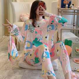 长袖睡衣女春秋冬加大码睡衣女夏韩版外穿女士睡衣加肥家居服套装