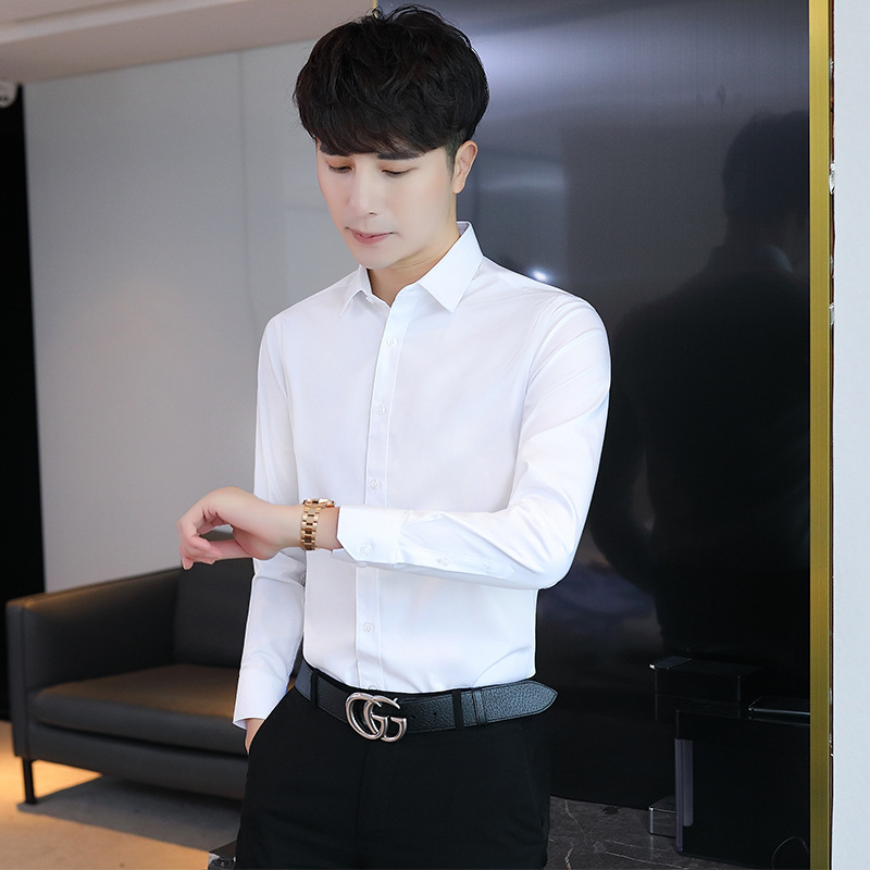 Pure White Business Casual Non-iron Shirt Men's Long-sleeved Spring and Autumn Stretch Slim-fit Shirt Korean Fashionable Handsome
