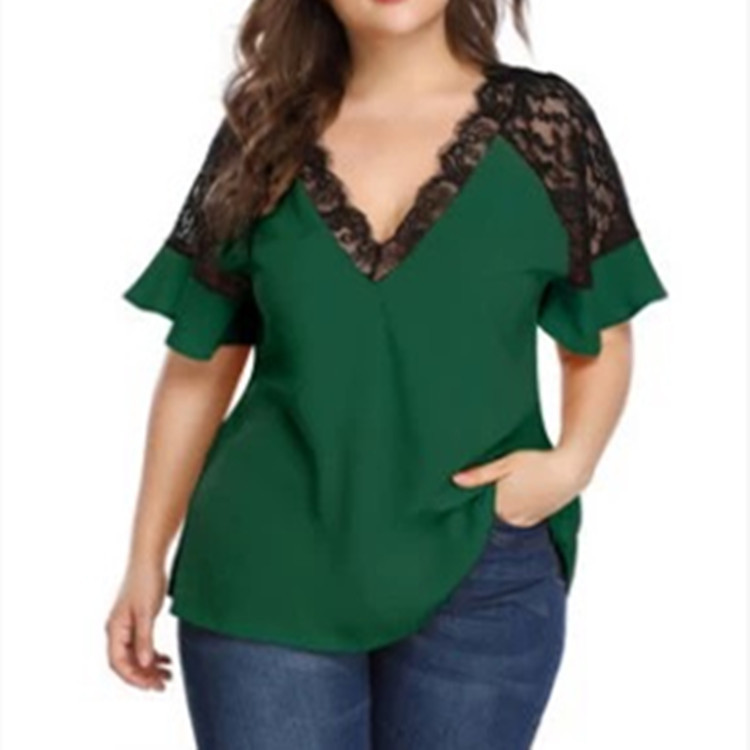 Cross-border hot selling Amazon ebay spring and summer new plus size V-neck short sleeve women's stitching lace solid color top