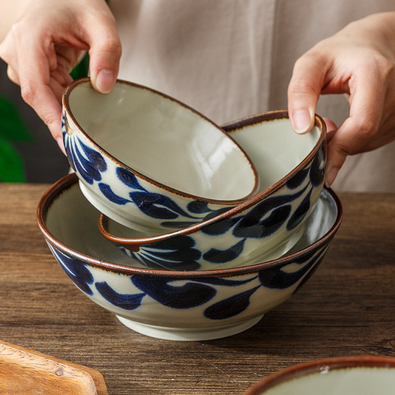 Made in Japan Blue Tangcao Series Ceramic Tableware Underglaze Color Japanese Ceramic Plate Tangcao Rice Bowl Vegetable Bowl