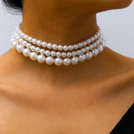 欧美潮流新款多层大小珍珠项链速卖通饰品颈链女项圈毛衣链批发