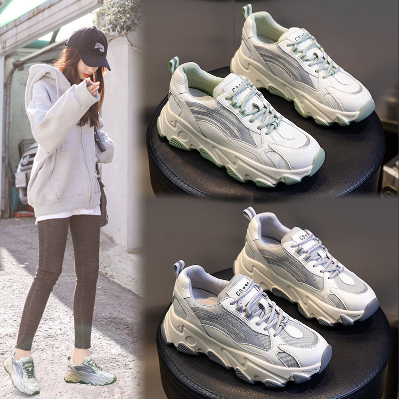 Spring 2026 New Style Dad Shoes for Women, Korean Version, Versatile Casual Sneakers, Women's Thick-Soled Round-Toe Genuine Leather Trendy Shoes