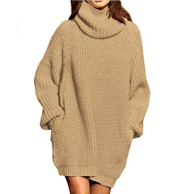 Amazon European and American Cross-Border Autumn and Winter New Fashion Long-Sleeved Turtleneck Pocket Midi Dress Loose Sweater for Women