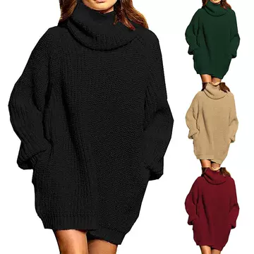 Amazon European and American Cross-Border Autumn and Winter New Fashion Long-Sleeved Turtleneck Pocket Midi Dress Loose Sweater for Women