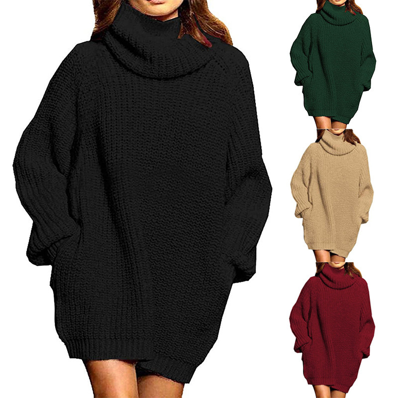 Amazon European and American Cross-Border Autumn and Winter New Fashion Long-Sleeved Turtleneck Pocket Midi Dress Loose Sweater for Women Amazon European and American Cross-Border Autumn and Winter New Fashion Long-Sleeved Turtleneck Pocket Midi Dress Loose Sweater for Women