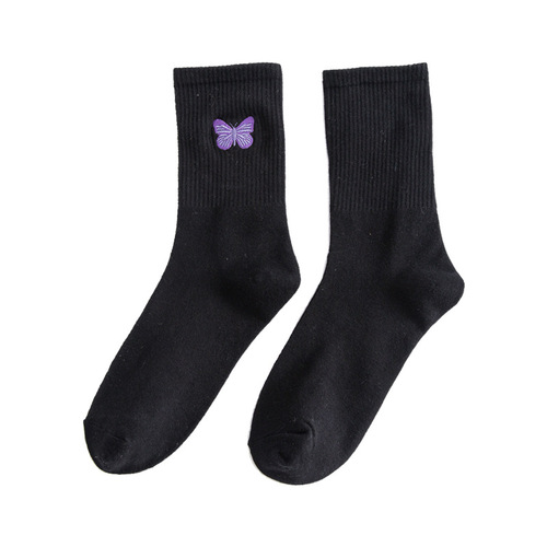 Embroidered butterfly knot socks for women, Korean-style college fashion, retro pure cotton socks, black and white, student ankle and knee-high socks