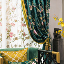 新中式客厅卧室仿真丝绣花墨绿色窗帘G709美式阳台窗帘窗纱布