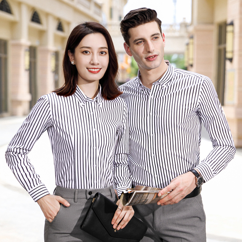 免烫棉弹力长袖宽条纹衬衫公司销售职业装衬衣工作服加logo