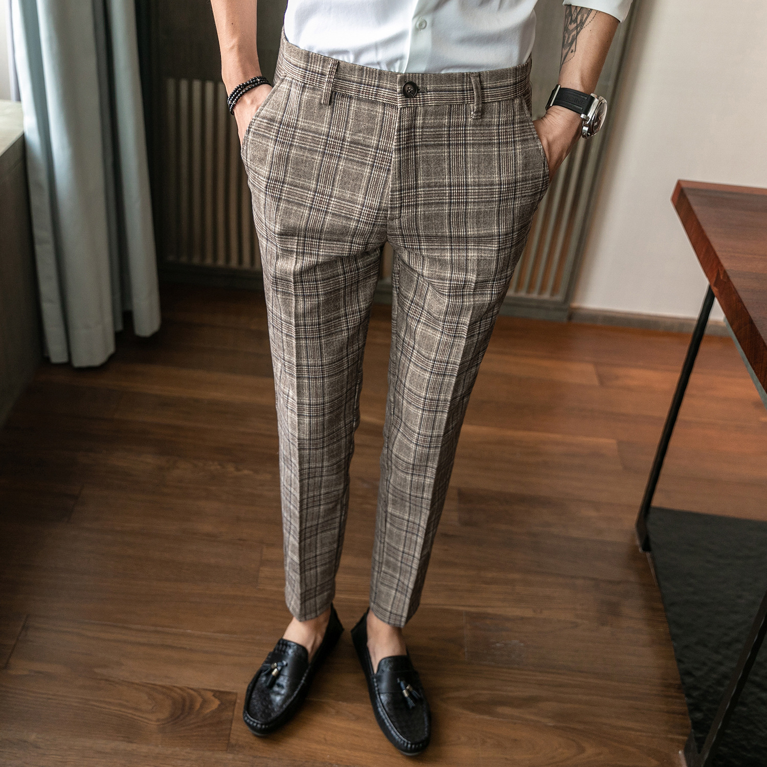 2025 Spot New Men's Casual Trousers Korean Style Slim Fashion Trendy Plaid No-Iron Handsome Small Straight Trend