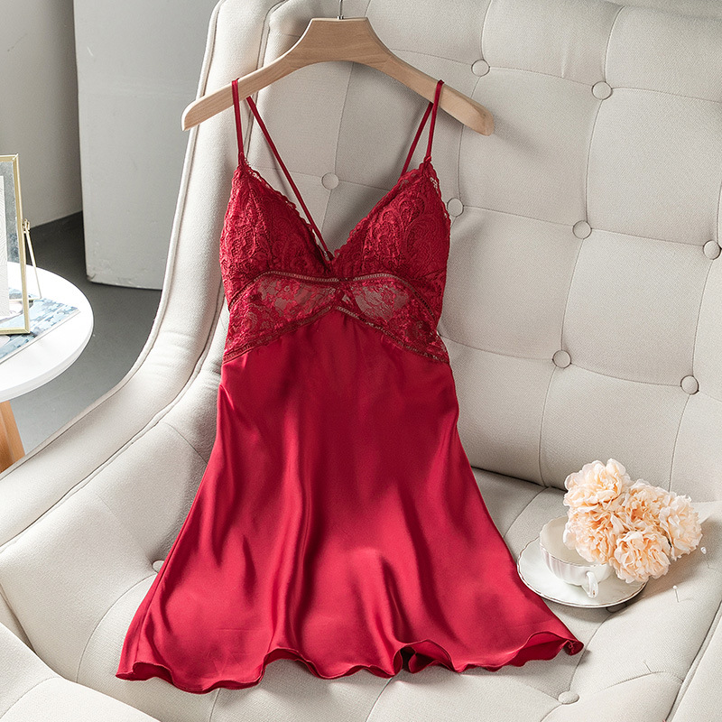 Sling Nightgown Women's Belt Chest Pad Summer Thin Ice Silk Hollow Shoulder Strap Cross Sexy Home Wear