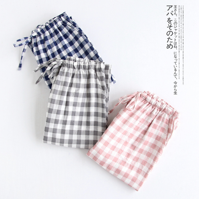 Couple's Plaid Pajama Pants Thin Cotton Double-Layer Gauze Non-Print Casual Cotton Couple's Home Comfortable Pajama Pants Couple's Plaid Pajama Pants Thin Cotton Double-Layer Gauze Non-Print Casual Cotton Couple's Home Comfortable Pajama Pants