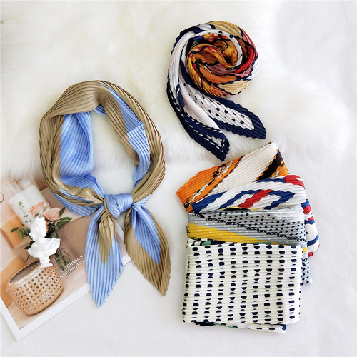 70 new style pleated cashew small square scarf for women in spring, autumn and summer, versatile decorative professional crepe small scarf