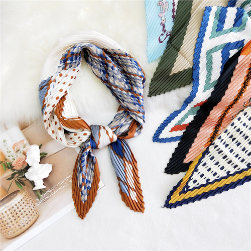 70 new style pleated cashew small square scarf for women in spring, autumn and summer, versatile decorative professional crepe small scarf