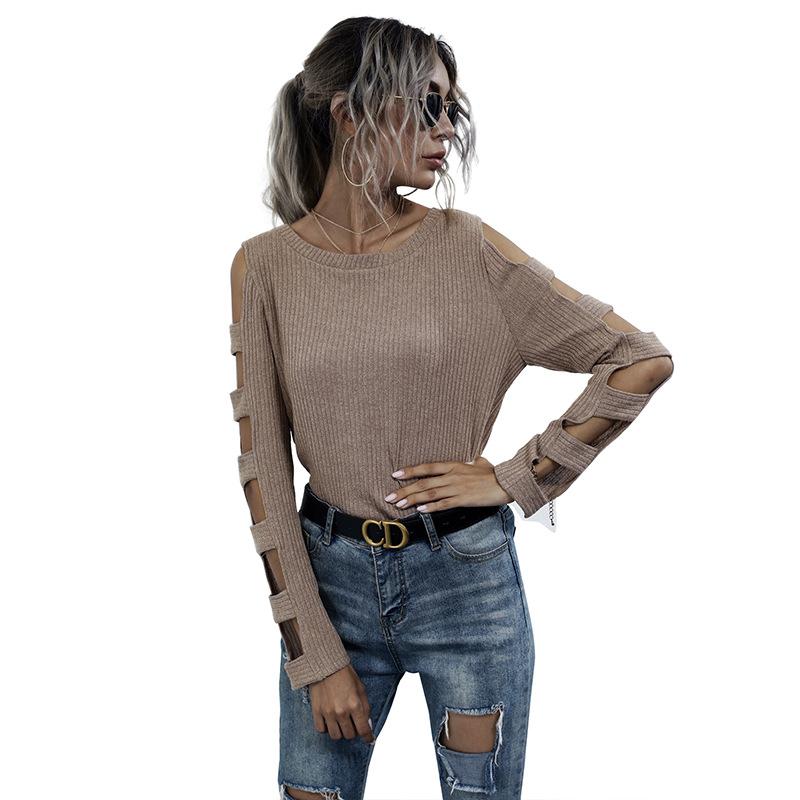 Women's clothing autumn independent station off-shoulder slim sweater women's hollow long-sleeved bottoming sweater_voghion.com