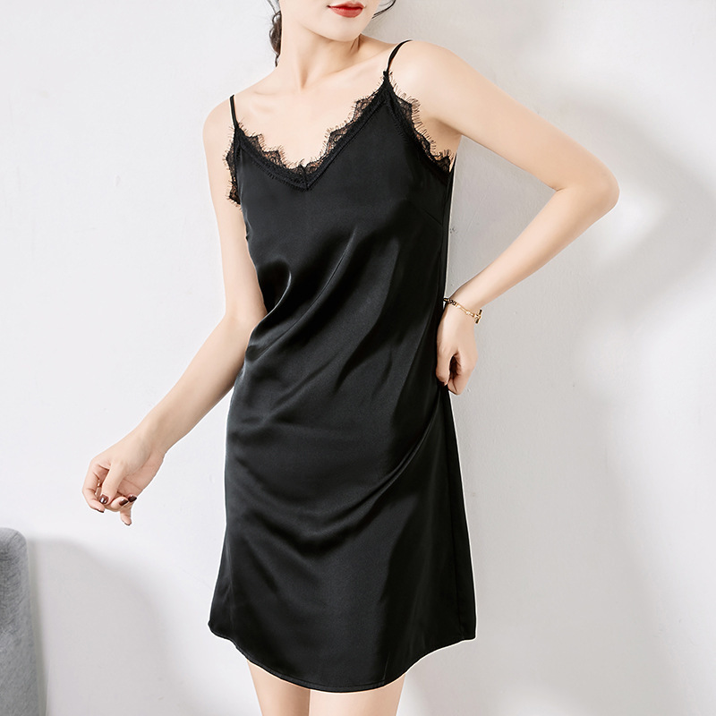 Slip dress spring and autumn inner satin mid-length dress artificial silk V-neck underskirt vest lace bottoming nightdress