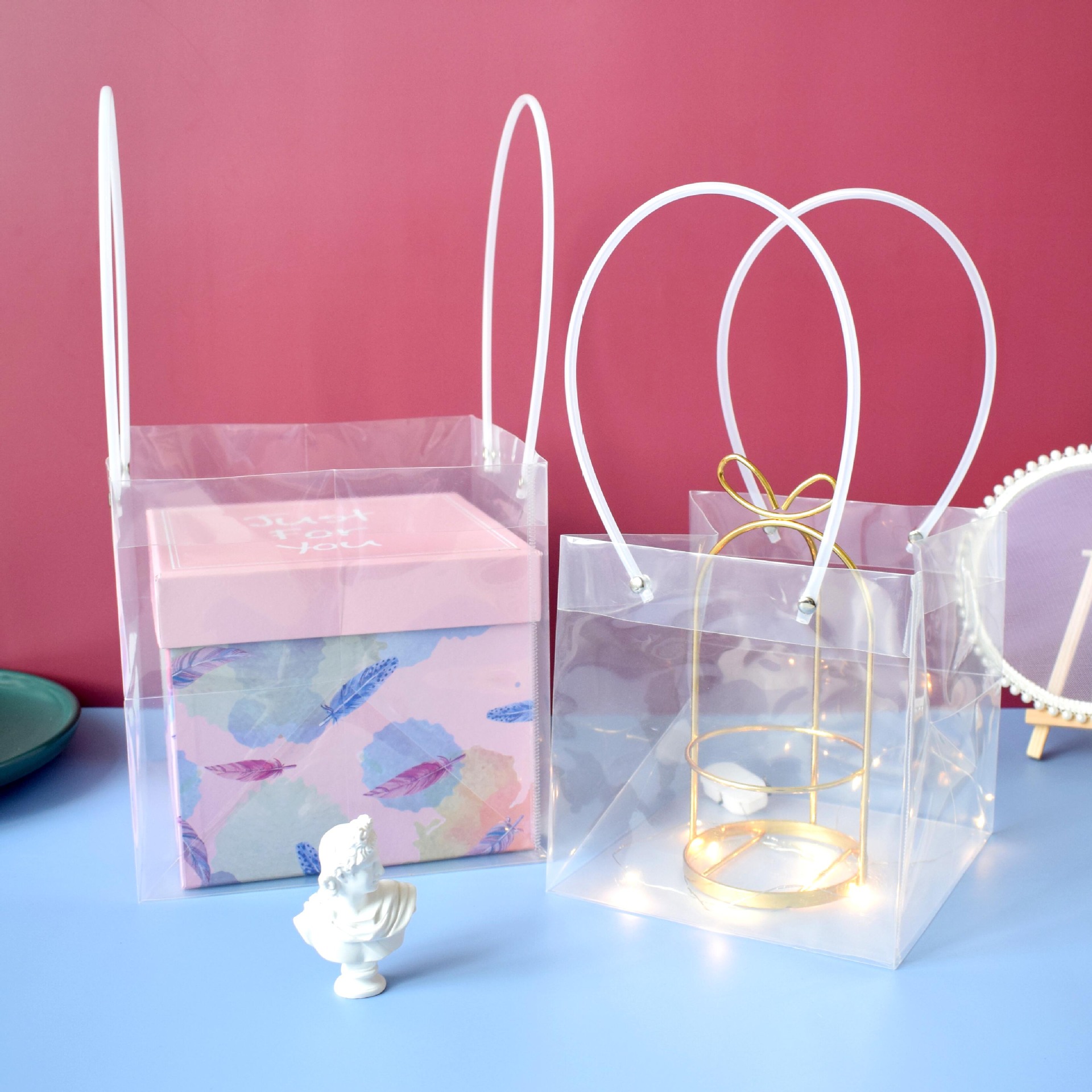 Thickened Transparent pvc Handbag Plastic Bag Oversized Flower Garment Packaging Bag ins Accompanying Gift Box Bag