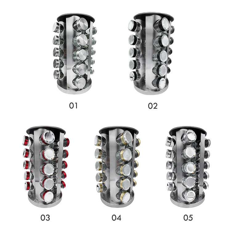 Suministros de cocina Acero inoxidable condimento botella traje 20 condimento botellas con estante giratorio pimienta Shaker