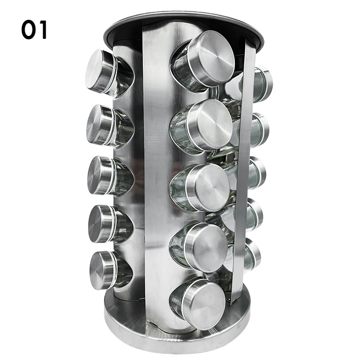 Suministros de cocina Acero inoxidable condimento botella traje 20 condimento botellas con estante giratorio pimienta Shaker
