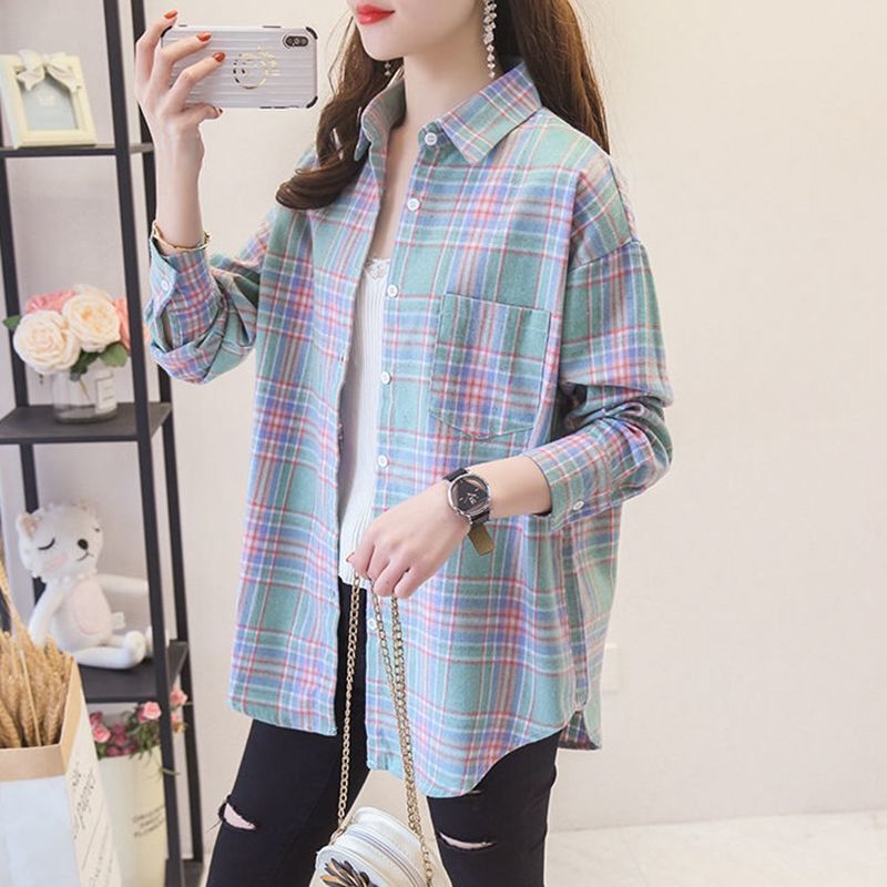Plaid Shirt Women's K-Style 2024 Summer New Style Small Fresh Hong Kong Style Loose Brushed Student Shirt Cardigan Jacket