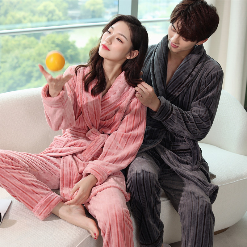 Pigiama da donna GraceChic GraceChic, set di vestaglia e pantaloni in pile corallo autunnale, abbigliamento da casa in flanella a righe per uomo, set invernale_voghion.com