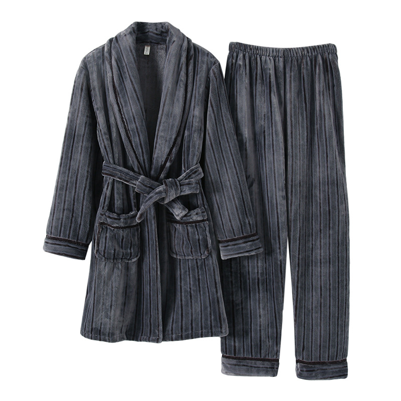 Pigiama da donna GraceChic GraceChic, set di vestaglia e pantaloni in pile corallo autunnale, abbigliamento da casa in flanella a righe per uomo, set invernale_voghion.com