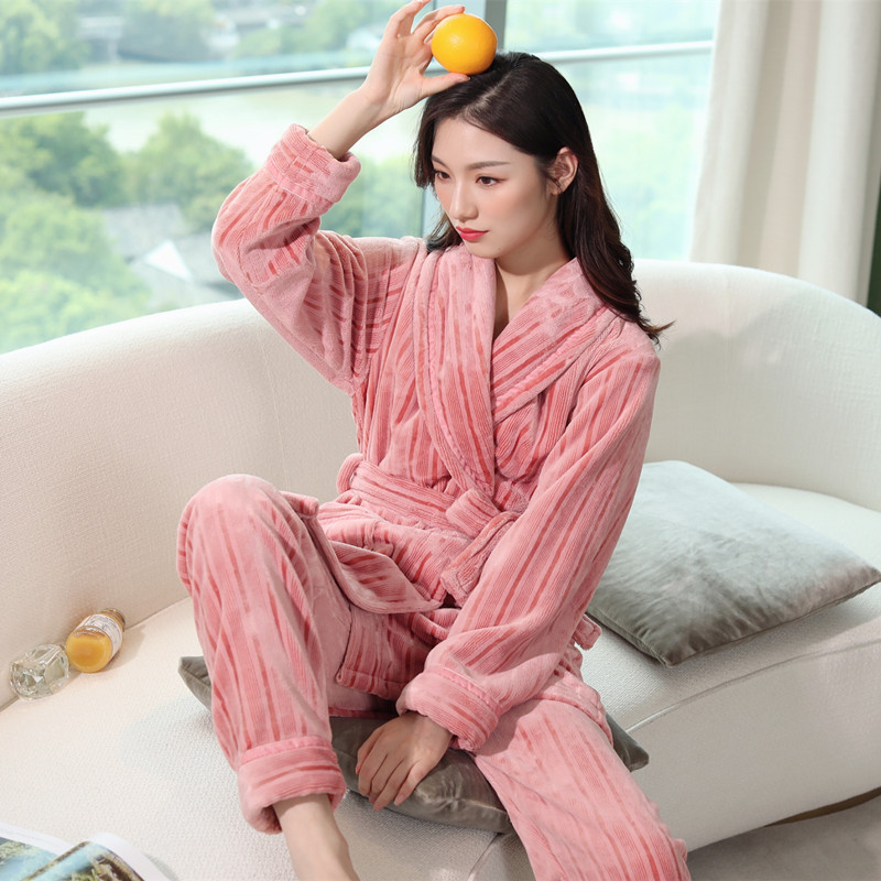 Pigiama da donna GraceChic GraceChic, set di vestaglia e pantaloni in pile corallo autunnale, abbigliamento da casa in flanella a righe per uomo, set invernale_voghion.com