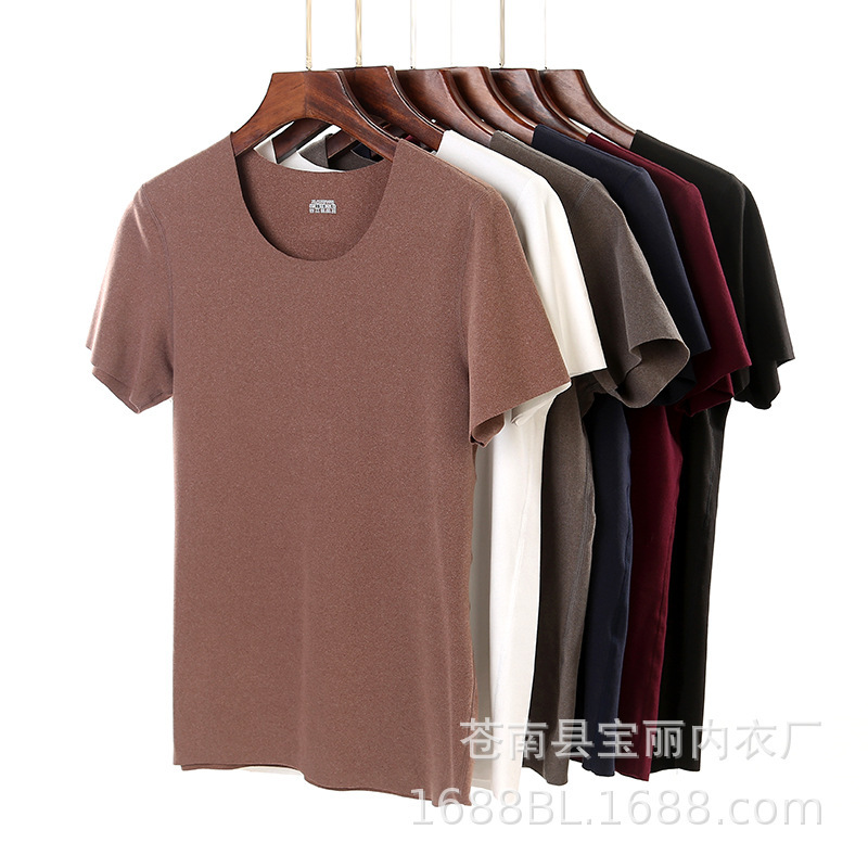 Seamless fleece-lined short-sleeved T-shirt men's thickened slim fit plus size brushed thermal underwear top bottoming shirt autumn and winter