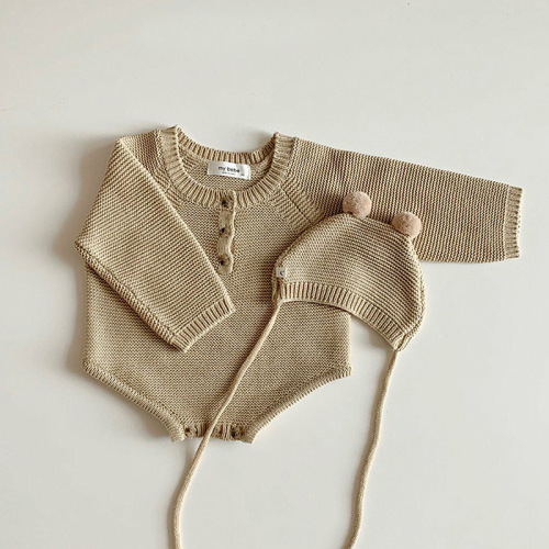 Korean version of ins newborn baby autumn knitted jumpsuit for male and female babies cute little hat bag fart crawling suit sweater