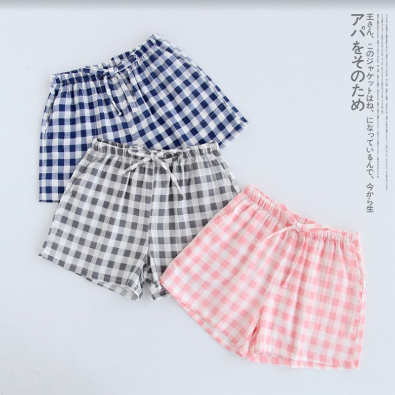 Spring and Summer Couple's Plaid Shorts Pants Casual Loose Straight Drawstring Loose Waist Double Gauze Couple's Pajama Pants