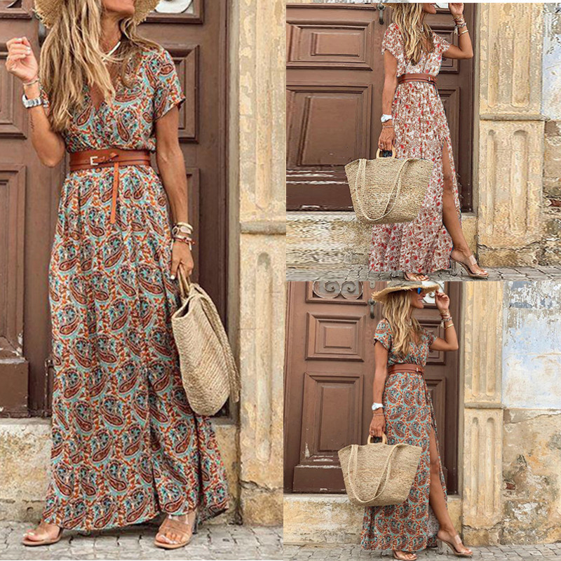 Summer Mid-Length Sleeve Red Mid-Waist Printed Leopard Print Temperament Commuter Pullover Cotton Long Skirt Long-Sleeved Women's Clothing Factory Direct Supply