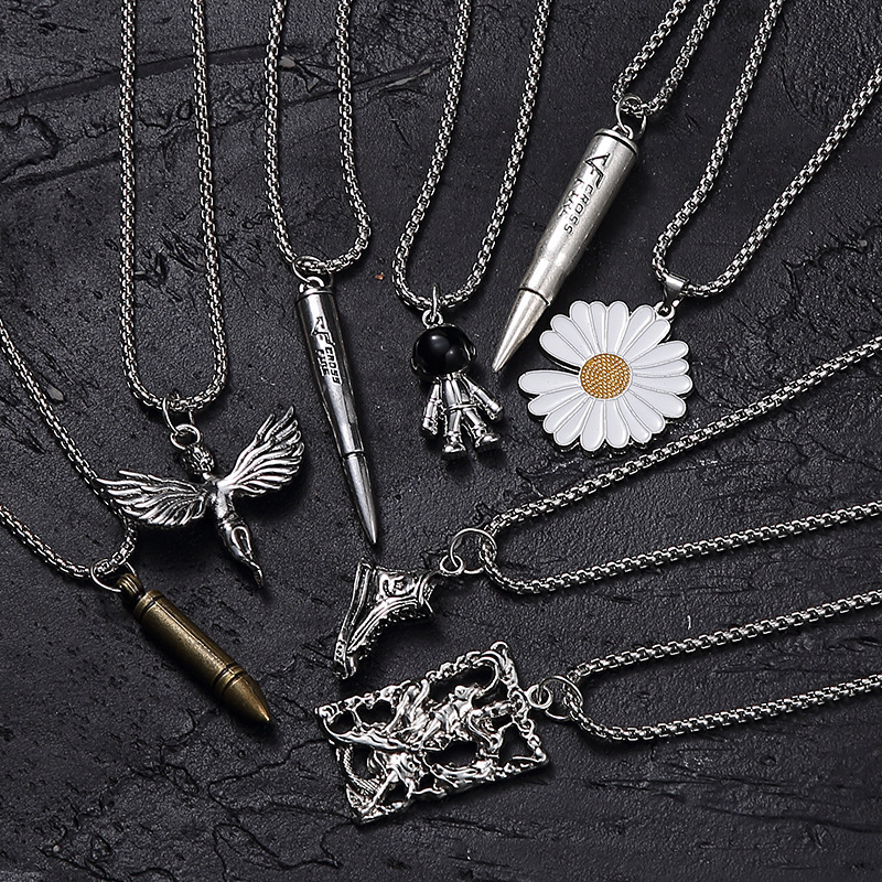 Necklace men's hip hop simple titanium steel spaceman chrysanthemum angel boy Dolphin Guan Gong brand bullet pendant wholesale Necklace men's hip hop simple titanium steel spaceman chrysanthemum angel boy Dolphin Guan Gong brand bullet pendant wholesale