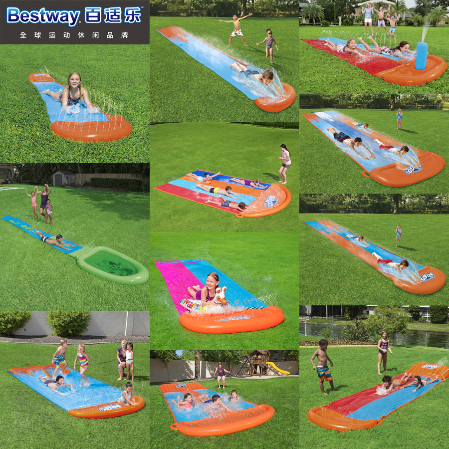 Bestway52328三人滑水道儿童水上乐园玩水喷水垫草坪双人水滑道
