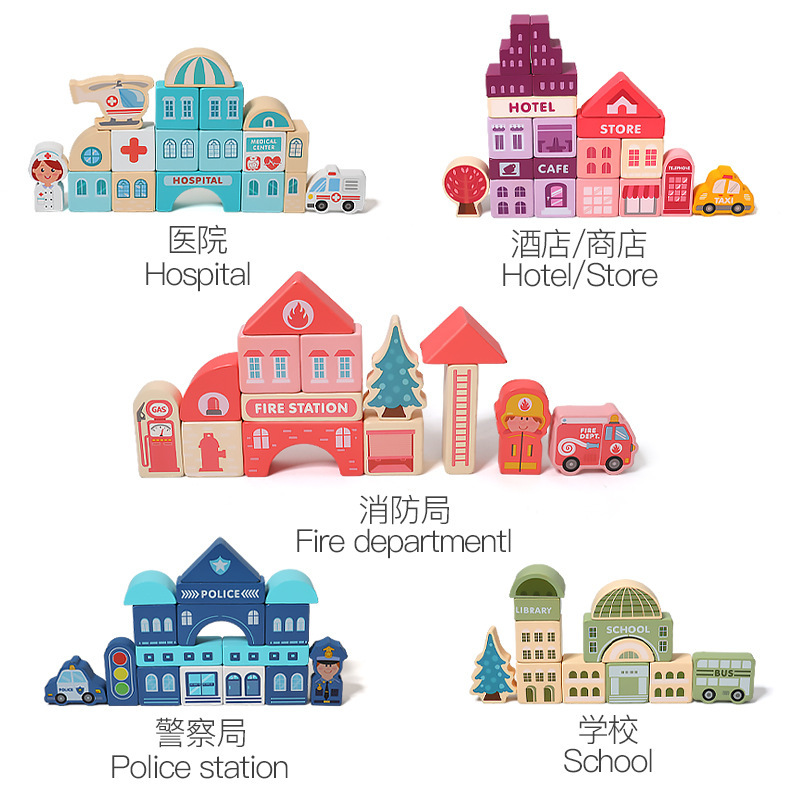 Bolas de madera cubo juguete ciudad Street View tráfico figura animal coche escena niños rompecabezas bloques al por mayor