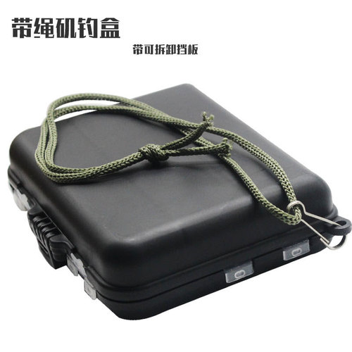 Black fishing box with rope Weihai fishing gear outdoor fishing gear wholesale Black accessory box with removable baffle