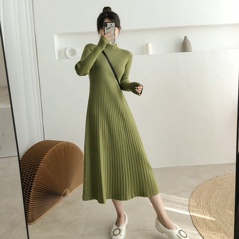 Fall/winter 2023 new semi-high collar bottoming with A- shaped sweater dress mid-length slim knitted dress for women
