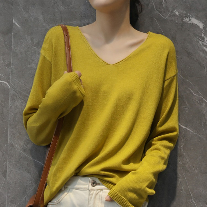 Factory Direct Wholesale Autumn and Winter New Women's V-Neck Short Versatile Pullover Sweater with Rolled Edge Knit