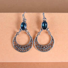 wish镀S925复古泰银耳环 欧美镶嵌海蓝色托帕石镂空耳坠